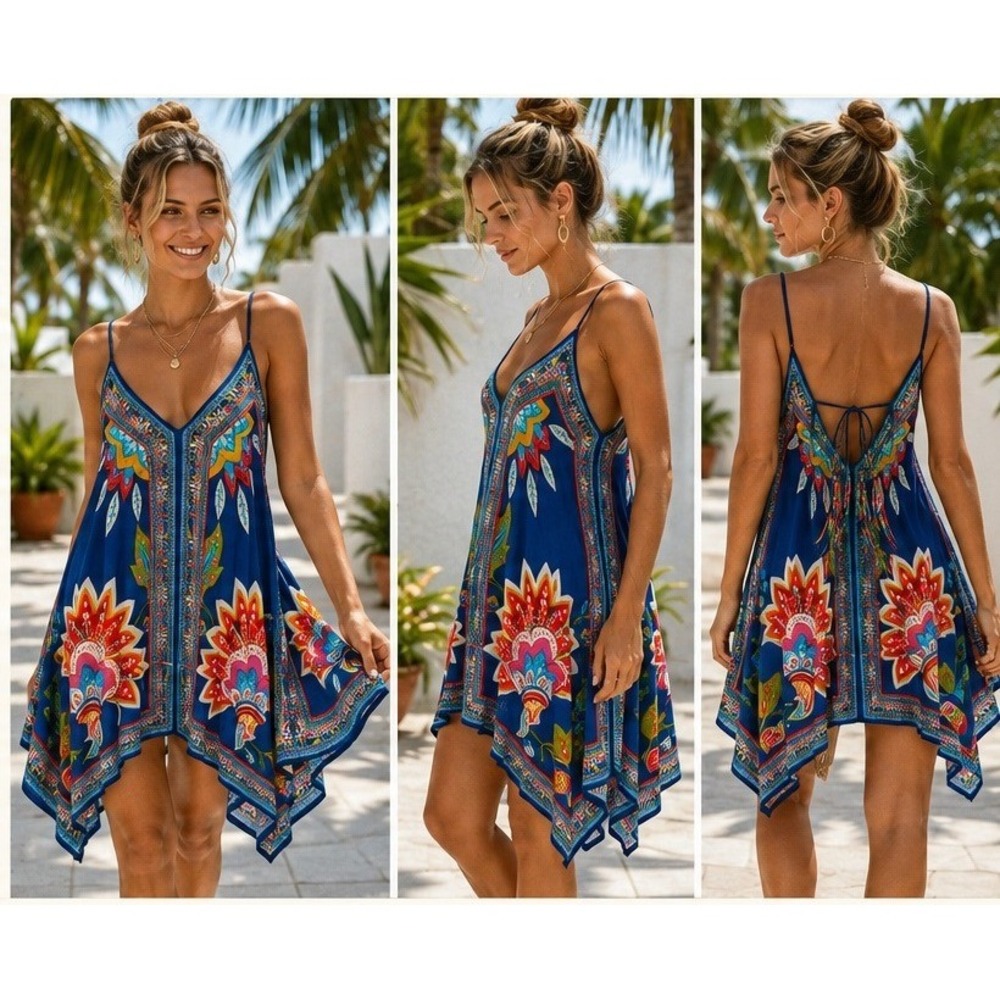 Jealous Tomato Cami Women M Boho Festival Sharkbite Hem Floral Blue V-Neck Top
